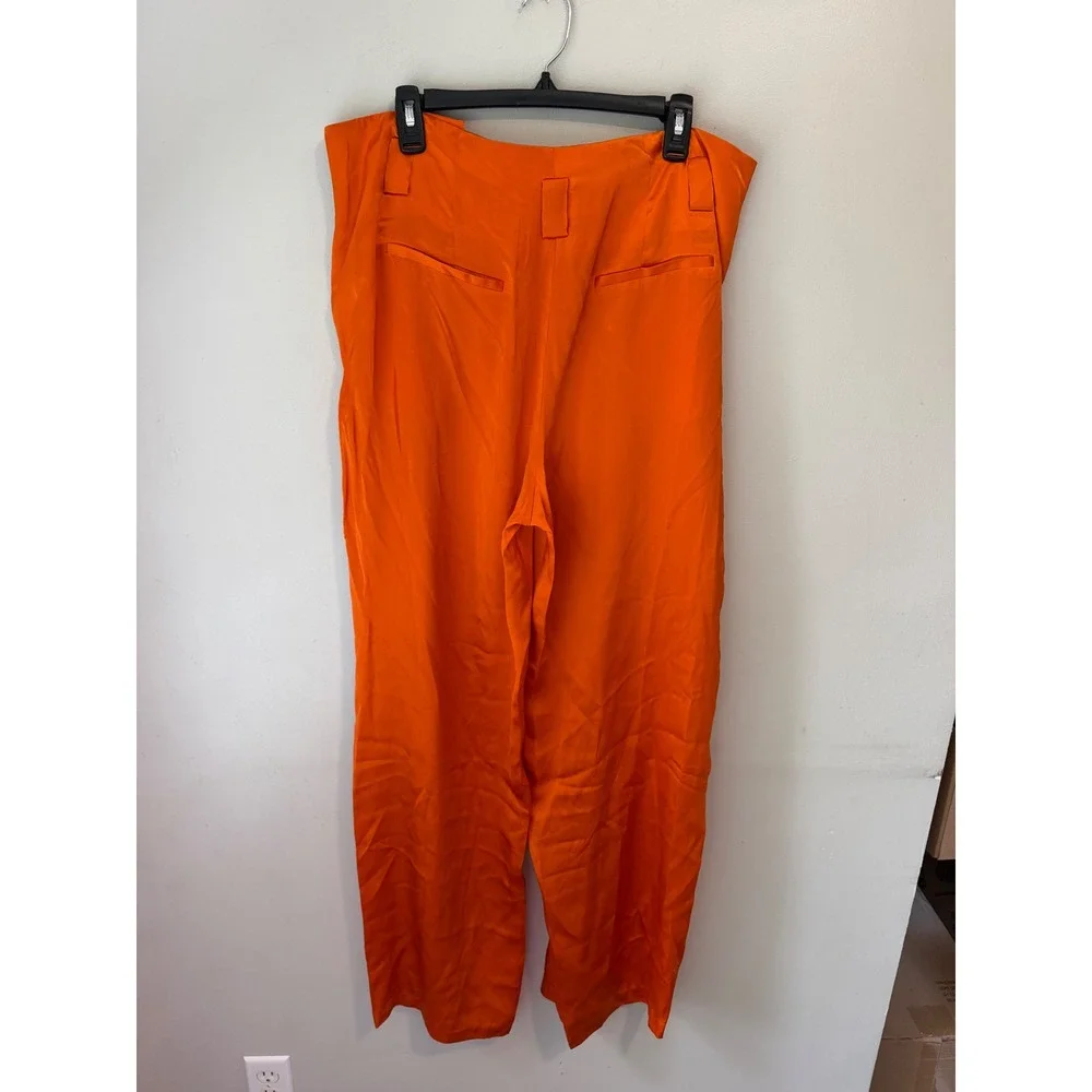 L'AGENCE Orange Satin Wide Leg Pleated Trousers High Rise Pants Size 14 NEW